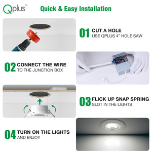 QPlus Lampe LED encastrable à cardan hermétique de 10,2 cm avec boîte de jonction en métal, 10 W, 750 lm, CCT unique, intensité variable, certifié Energy Star, répertorié ETL, classé IC, emplacement humide, garantie de 5 ans