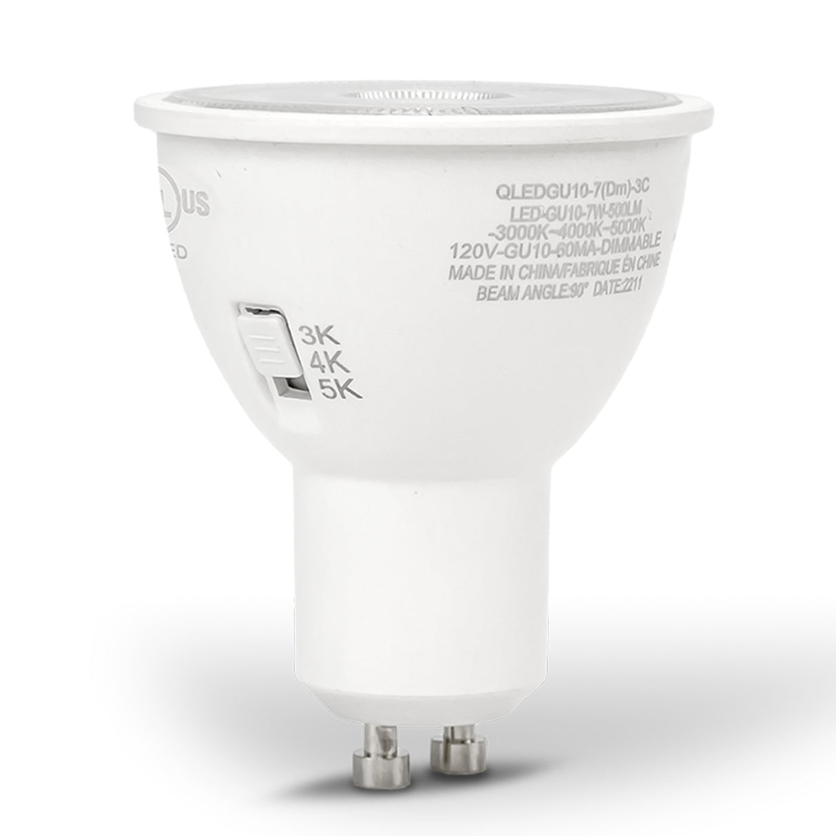 Ampoule LED QPlus GU10 sur rail, 7 W, 500 lm, 3 CCT (3 000 K/4 000 K/5 000 K), angle de faisceau 90°, intensité variable, certifié Energy Star, liste UL, garantie 3 ans 