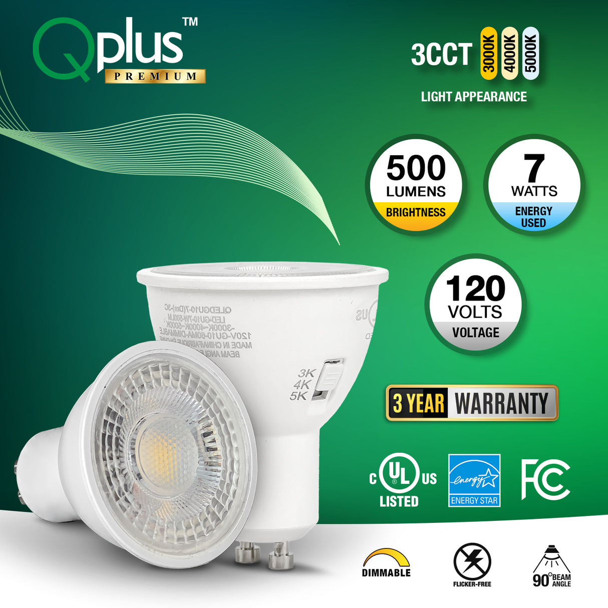 Ampoule LED QPlus GU10 sur rail, 7 W, 500 lm, 3 CCT (3 000 K/4 000 K/5 000 K), angle de faisceau 90°, intensité variable, certifié Energy Star, liste UL, garantie 3 ans 