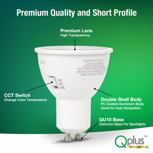 QPlus GU10 LED Track Light Bulb, 7W, 500LM, 3CCT(3000K/4000K/5000K), Beam Angle 90°, Dimmable, Energy Star Certified, UL Listed, 3 Year Warranty