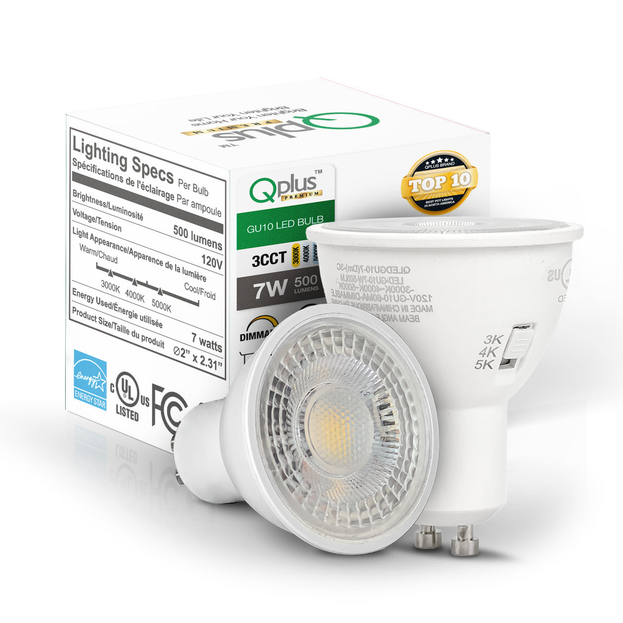 Ampoule LED QPlus GU10 sur rail, 7 W, 500 lm, 3 CCT (3 000 K/4 000 K/5 000 K), angle de faisceau 90°, intensité variable, certifié Energy Star, liste UL, garantie 3 ans 