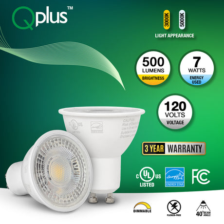 QPlus GU10 LED Track Light Bulb, 7W, 500LM, 1CCT(3000K/5000K), Beam Angle 40°, Dimmable, Energy Star Certified, UL Listed, 3 Year Warranty