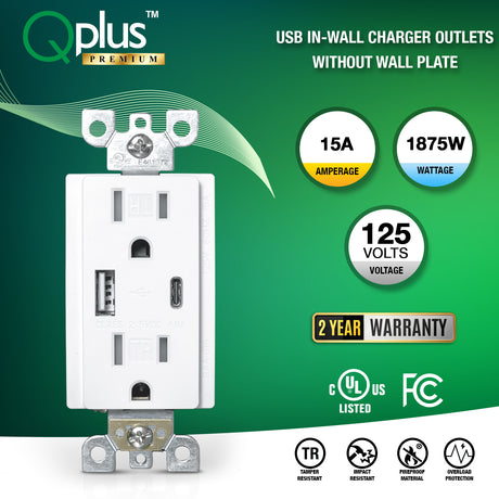 QPlus 15 Amp Type-C & A Wall Receptacle Outlet, Tamper Resistant 1875W - UL Listed