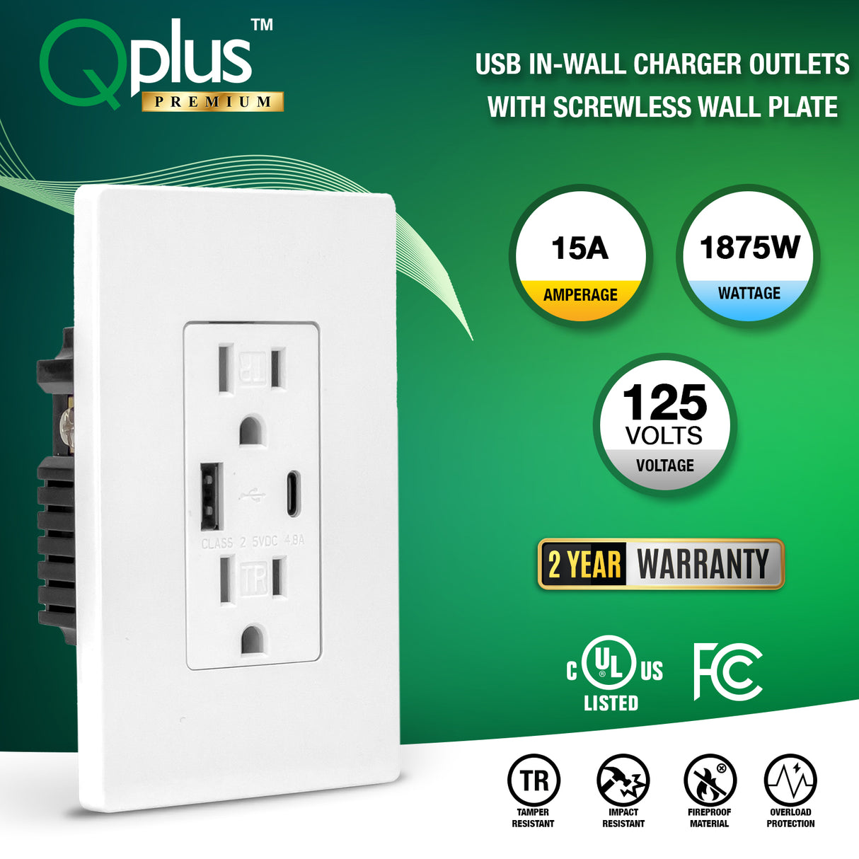 QPlus 15 Amp Type-C & A Wall Receptacle Outlet, Tamper Resistant 1875W - UL Listed