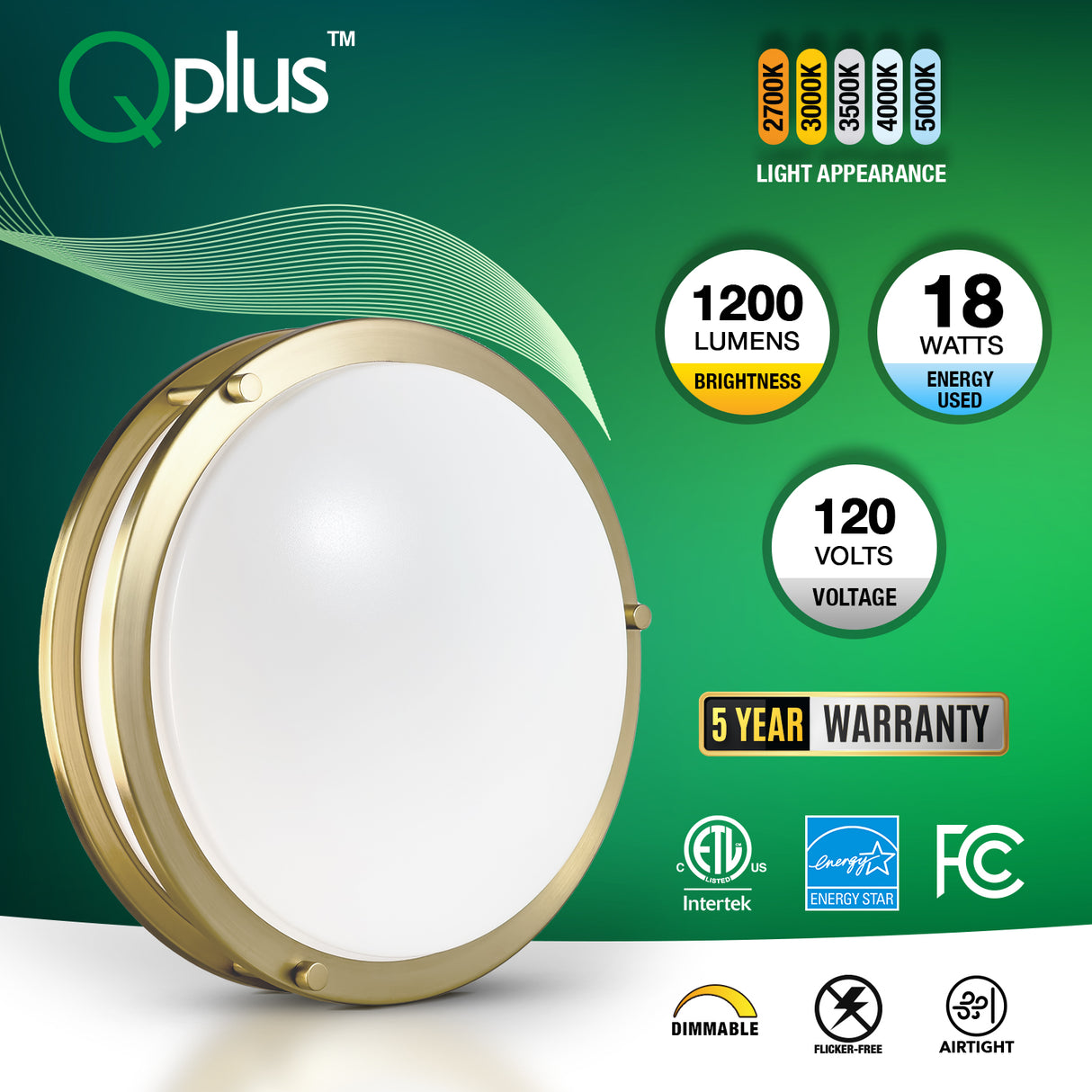 QPlus 12 Inch LED Flush Mount Ceiling Light, Double Ring 18 Watts 1200LM, Dimmable Damp Rated