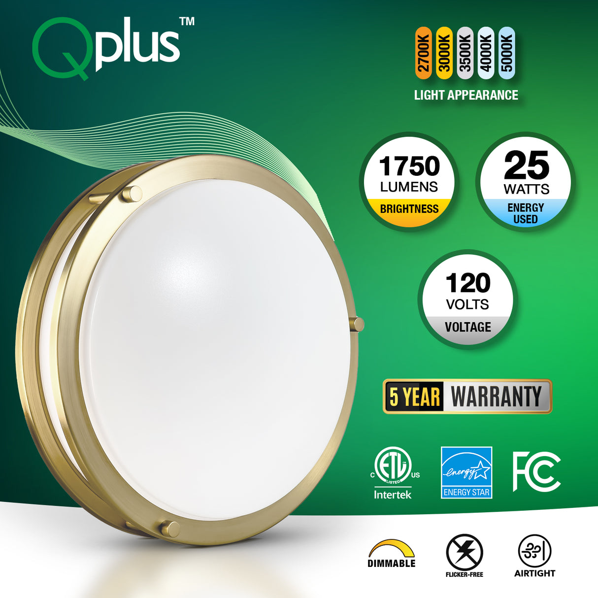 QPlus 14 Inch LED Flush Mount Ceiling Light, Double Ring 18 Watts 1750LM, Dimmable Damp Rated