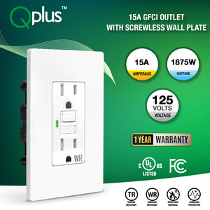 QPlus 15Amp Tamper & Water Resistant GFCI Receptacle Outlet with LED Indicator 1875W - UL Listed