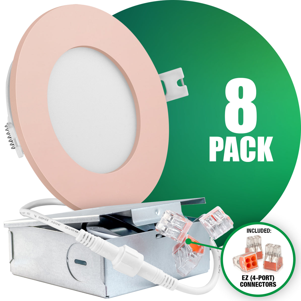 QPlus Spot LED encastrable fin de 10,2 cm avec boîte de jonction en métal, 10 W, 750 lm, CCT unique, intensité variable, certifié Energy Star, homologué ETL, classé IC, emplacement humide, garantie de 5 ans, bordure rose