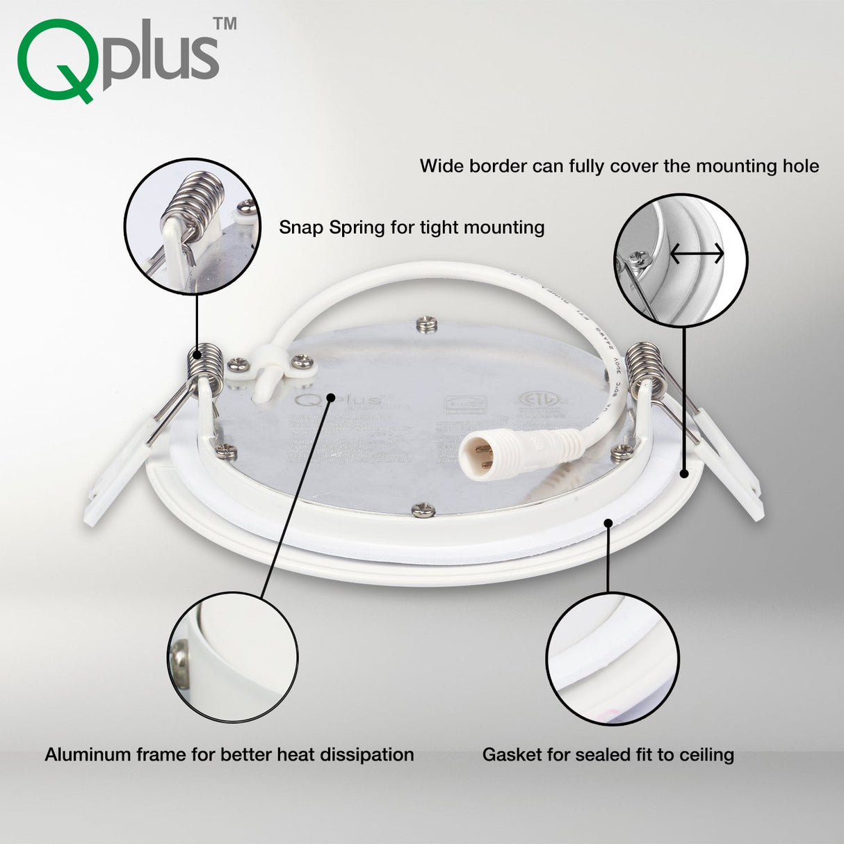 QPlus Spot LED encastrable fin de 10,2 cm avec boîte de jonction en métal, 10 W, 750 lm, CCT unique, intensité variable, certifié Energy Star, homologué ETL, classé IC, emplacement humide, garantie de 5 ans, bordure rose