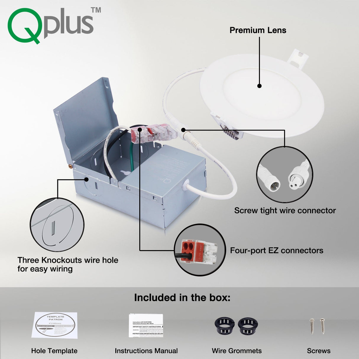 QPlus Spot LED encastrable fin de 10,2 cm avec boîte de jonction en métal, 10 W, 750 lm, CCT unique, intensité variable, certifié Energy Star, homologué ETL, classé IC, emplacement humide, garantie 5 ans, bordure marron