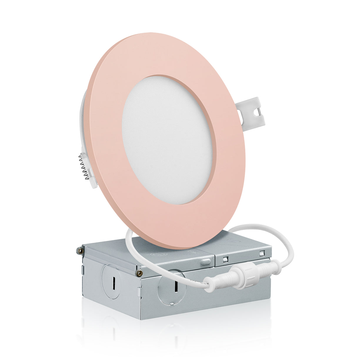 QPlus Spot LED encastrable fin de 10,2 cm avec boîte de jonction en métal, 10 W, 750 lm, CCT unique, intensité variable, certifié Energy Star, homologué ETL, classé IC, emplacement humide, garantie de 5 ans, bordure rose