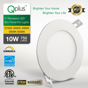 QPlus Spot LED encastrable fin de 10,2 cm avec boîte de jonction en métal, 10 W, 750 lm, CCT unique, intensité variable, certifié Energy Star, homologué ETL, classé IC, emplacement humide, garantie de 5 ans, bordure jaune