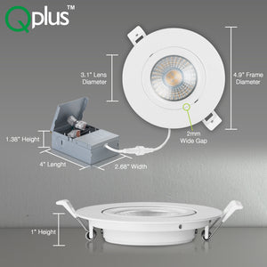 QPlus Lampe LED encastrable à cardan de 10,2 cm avec boîte de jonction en métal, espace étroit, 10 W, 750 lm, CCT unique, intensité variable, certifié Energy Star, répertorié ETL, classé IC, emplacement humide, garantie de 5 ans