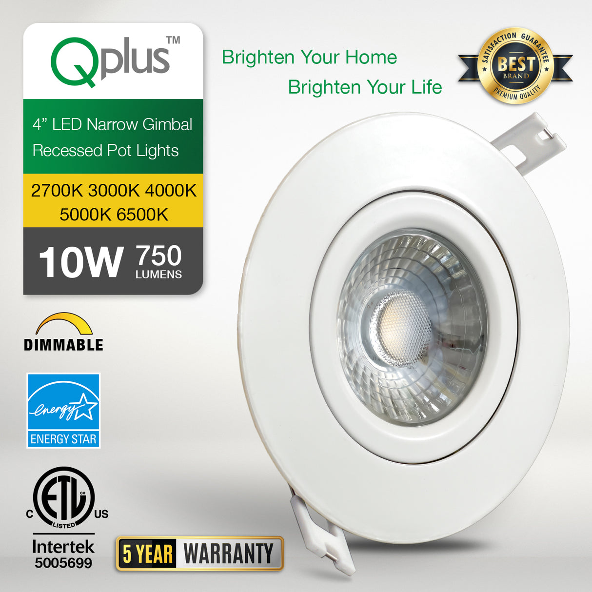 QPlus Lampe LED encastrable à cardan de 10,2 cm avec boîte de jonction en métal, espace étroit, 10 W, 750 lm, CCT unique, intensité variable, certifié Energy Star, répertorié ETL, classé IC, emplacement humide, garantie de 5 ans