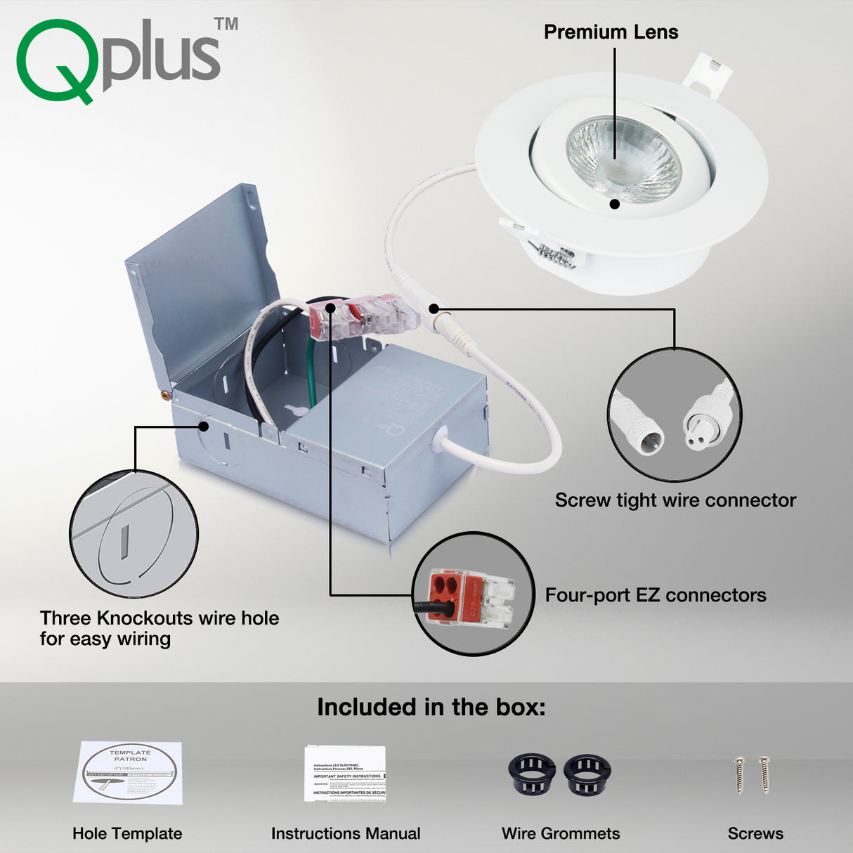 QPlus Lampe LED encastrable à cardan hermétique de 10,2 cm avec boîte de jonction en métal, espace étroit, 10 W, 750 lm, CCT unique, intensité variable, certifié Energy Star, répertorié ETL, classé IC, emplacement humide, garantie de 5 ans