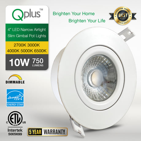 QPlus Lampe LED encastrable à cardan hermétique de 10,2 cm avec boîte de jonction en métal, espace étroit, 10 W, 750 lm, CCT unique, intensité variable, certifié Energy Star, répertorié ETL, classé IC, emplacement humide, garantie de 5 ans