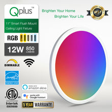 Load image into Gallery viewer, QPlus LED Recessed Smart Flush Mount (WiFi - No Hub),11 Inch, 12W, 850LM, RGB 16 million colors &amp; Tunable White 2700K to 6500K, Dimmable, Energy Star Certified, ETL Listed, Wet Rated, 5 Year Warranty, White Trim