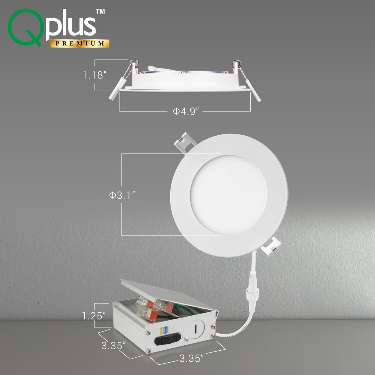 QPlus Lampe LED encastrable fine de 10,2 cm avec boîte de jonction en métal, 10 W, 750 lm, 4 CS (3 000 K/4 000 K/5 000 K/6 500 K/interrupteur), intensité variable, certifié Energy Star, répertorié ETL, classé IC, classé humide, garantie de 5 ans