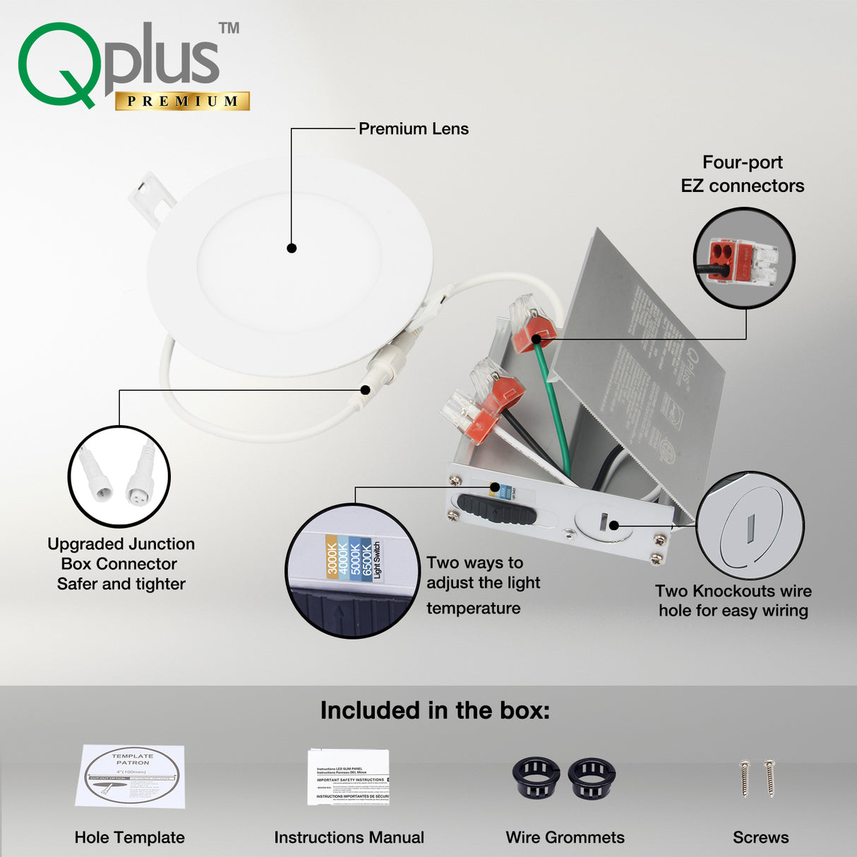 QPlus Lampe LED encastrable fine de 10,2 cm avec boîte de jonction en métal, 10 W, 750 lm, 4 CS (3 000 K/4 000 K/5 000 K/6 500 K/interrupteur), intensité variable, certifié Energy Star, répertorié ETL, classé IC, classé humide, garantie de 5 ans