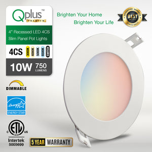 QPlus Lampe LED encastrable fine de 10,2 cm avec boîte de jonction en métal, 10 W, 750 lm, 4 CS (3 000 K/4 000 K/5 000 K/6 500 K/interrupteur), intensité variable, certifié Energy Star, répertorié ETL, classé IC, classé humide, garantie de 5 ans