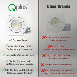 QPlus Lampe LED encastrable à cardan hermétique de 15,2 cm avec boîte de jonction en métal, 13 W, 1050 lm, CCT unique, intensité variable, certifié Energy Star, répertorié ETL, classé IC, emplacement humide, garantie de 5 ans