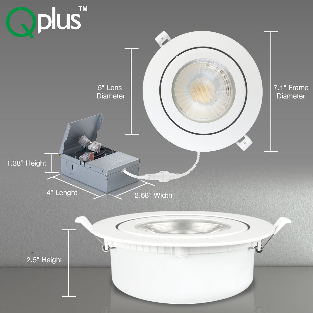 QPlus Lampe LED encastrable à cardan hermétique de 15,2 cm avec boîte de jonction en métal, 13 W, 1050 lm, CCT unique, intensité variable, certifié Energy Star, répertorié ETL, classé IC, emplacement humide, garantie de 5 ans