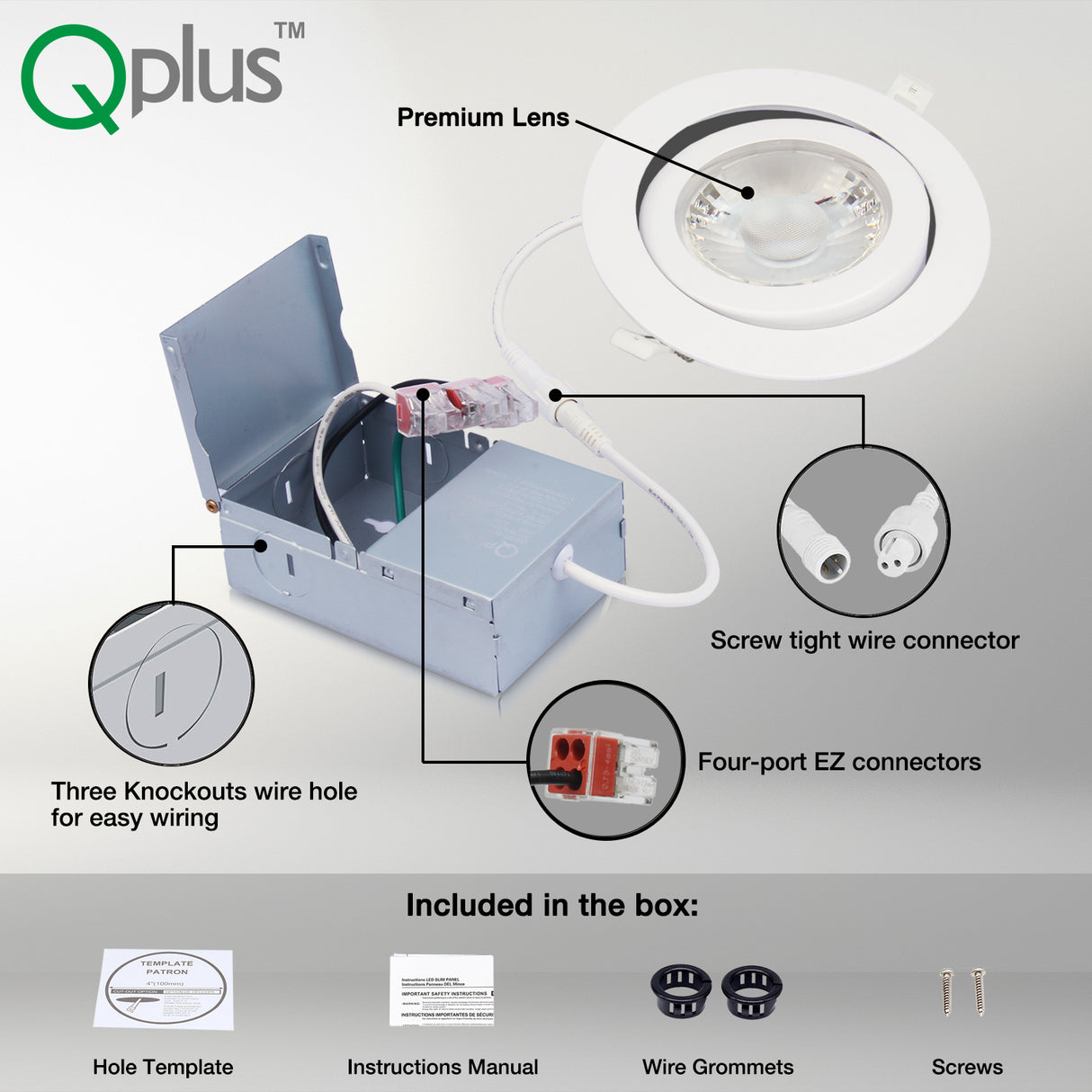 QPlus Lampe LED encastrable à cardan hermétique de 15,2 cm avec boîte de jonction en métal, 13 W, 1050 lm, CCT unique, intensité variable, certifié Energy Star, répertorié ETL, classé IC, emplacement humide, garantie de 5 ans