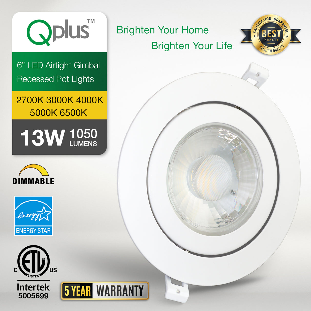 QPlus Lampe LED encastrable à cardan hermétique de 15,2 cm avec boîte de jonction en métal, 13 W, 1050 lm, CCT unique, intensité variable, certifié Energy Star, répertorié ETL, classé IC, emplacement humide, garantie de 5 ans