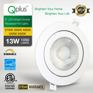 QPlus Lampe LED encastrable à cardan hermétique de 15,2 cm avec boîte de jonction en métal, 13 W, 1050 lm, CCT unique, intensité variable, certifié Energy Star, répertorié ETL, classé IC, emplacement humide, garantie de 5 ans