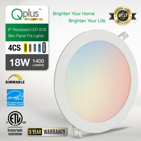 QPlus Spot LED encastrable fin de 20,3 cm avec boîte de jonction en métal, 18 W, 14 000 lm, 4 CS (3 000 K/4 000 K/5 000 K/6 500 K/interrupteur), variable, certifié Energy Star, répertorié ETL, classé IC, classé humide, garantie de 5 ans.