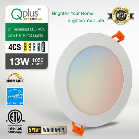 QPlus Spot LED encastrable hermétique de 15,2 cm avec boîte de jonction en métal, 13 W, 1050 lm, 4 CS (3 000 K/4 000 K/5 000 K/6 500 K/interrupteur), intensité variable, certifié Energy Star, répertorié ETL, classé IC, classé humide, 5 ans Garantie, blanc