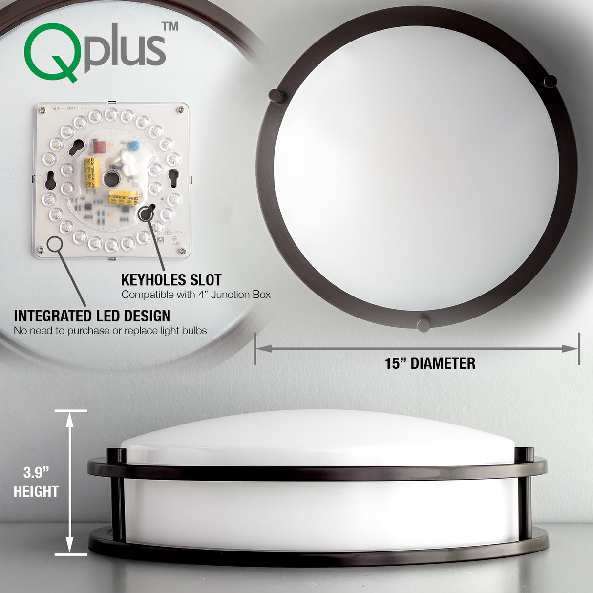 QPlus Plafonnier LED encastré 38,1 cm, double anneau 25 watts 1750 lm, intensité variable, résistant à l'humidité 