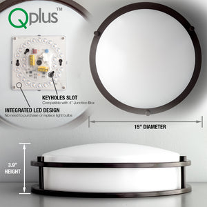 QPlus 15 Inch LED Flush Mount Ceiling Light, Double Ring 25 Watts 1750LM, Dimmable Damp Rated