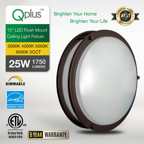 QPlus 15 Inch LED Flush Mount Ceiling Light, Double Ring 25 Watts 1750LM, Dimmable Damp Rated