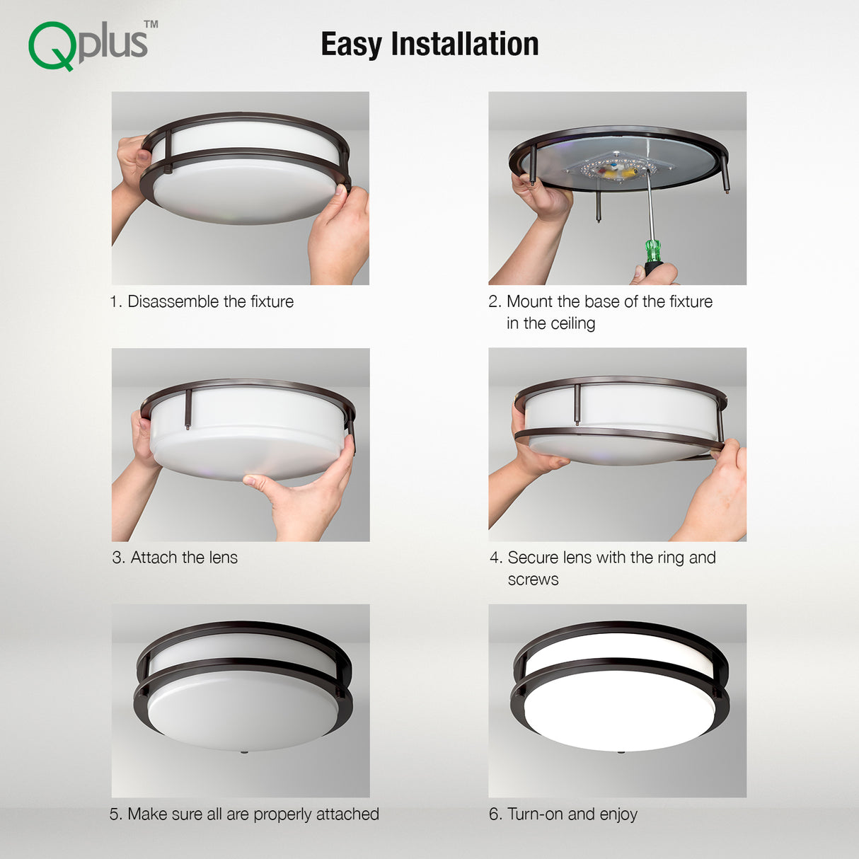 QPlus 14 Inch LED Flush Mount Ceiling Light, Double Ring 18 Watts 1750LM, Dimmable Damp Rated