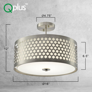 QPlus 16inch Elegant 5CCT Color Changing LED Semi Flush Mount Ceiling Light Fixture with Carving Drum Shade