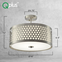 Load image into Gallery viewer, QPlus 16inch Elegant 5CCT Color Changing LED Semi Flush Mount Ceiling Light Fixture with Carving Drum Shade