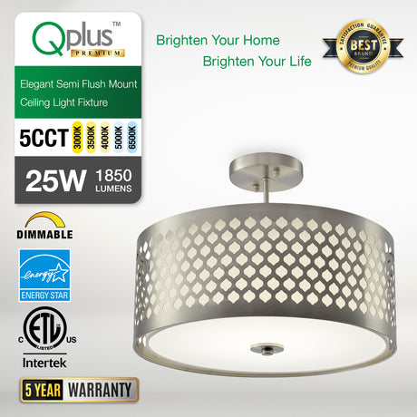 QPlus 16inch Elegant 5CCT Color Changing LED Semi Flush Mount Ceiling Light Fixture with Carving Drum Shade