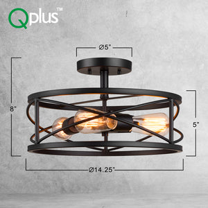 QPlus 14.25 Inch 2nd Gen  Vintage Semi Flush Mount Ceiling Light Fixture with 3 E26 Bulb Base -