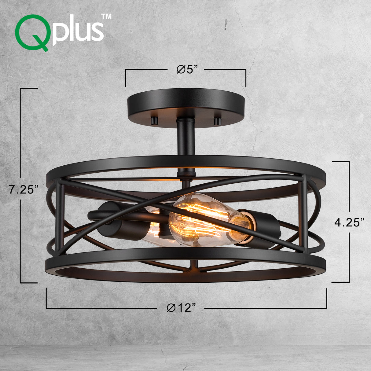 QPlus 12 Inch 2nd Gen Vintage Semi Flush Mount Ceiling Light Fixture with 2 E26 Bulb Base