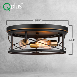 Qplus 15 Inch Vintage Flush Mount Ceiling Light Fixture with 3 E26 Bulb Base, CSA approved