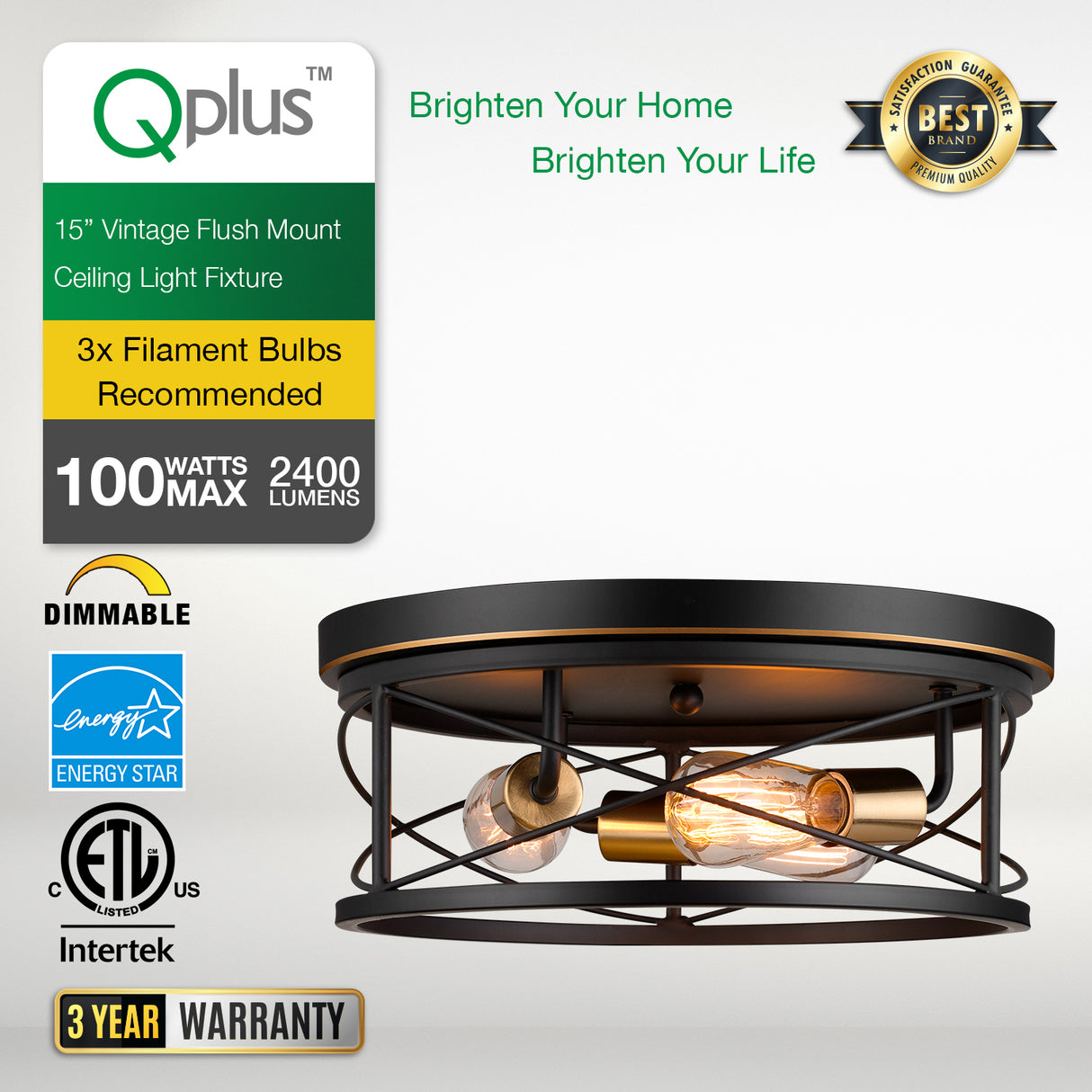 Qplus 15 Inch Vintage Flush Mount Ceiling Light Fixture with 3 E26 Bulb Base, CSA approved