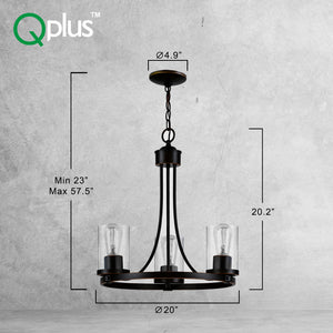 QPlus 3 Light Rustic Round Chandelier Pendant Lamp with E26 Bulb base & Clear Glass Shades - Black / Bronze