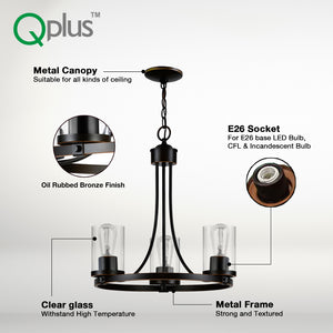 QPlus 3 Light Rustic Round Chandelier Pendant Lamp with E26 Bulb base & Clear Glass Shades - Black / Bronze