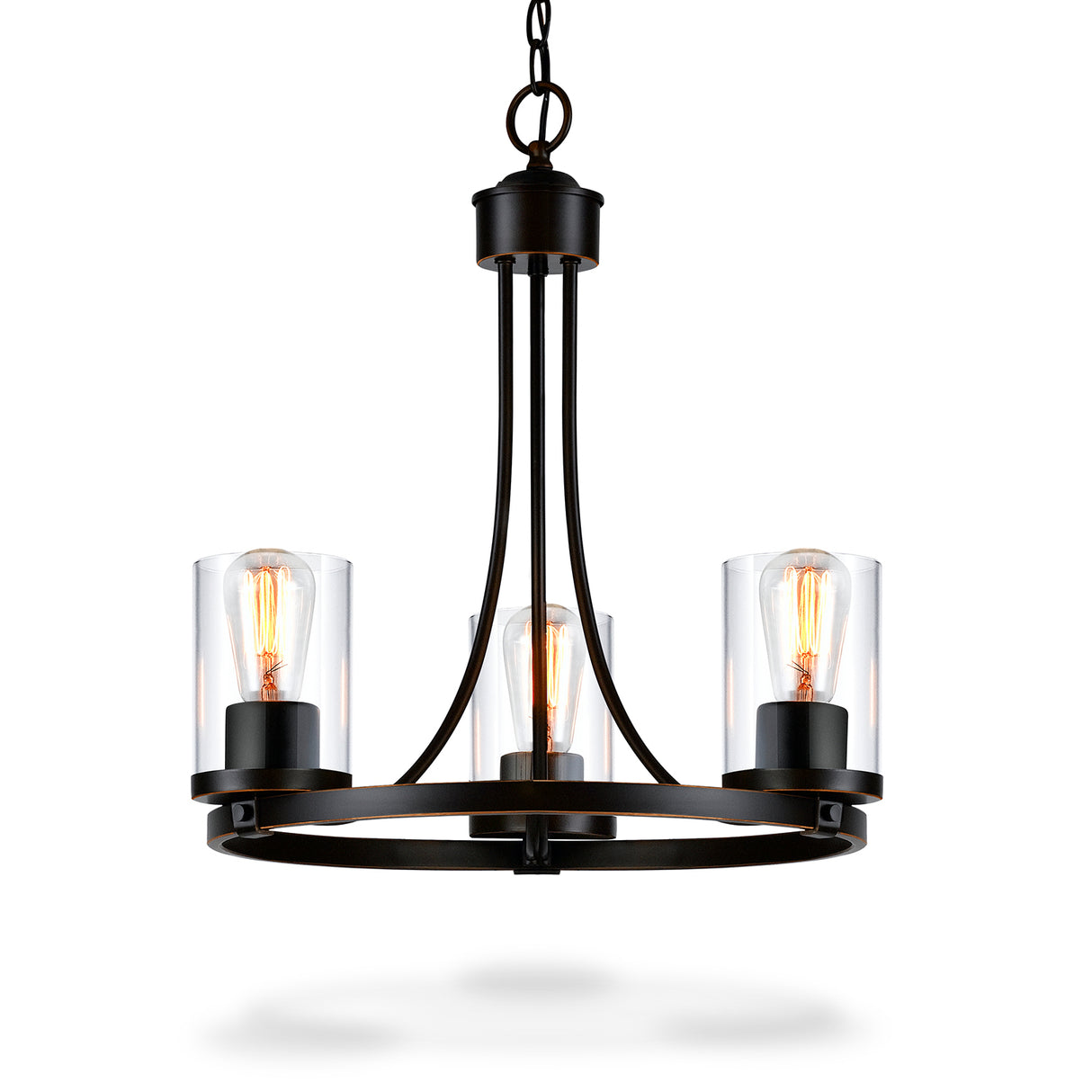 QPlus 3 Light Rustic Round Chandelier Pendant Lamp with E26 Bulb base & Clear Glass Shades - Black / Bronze