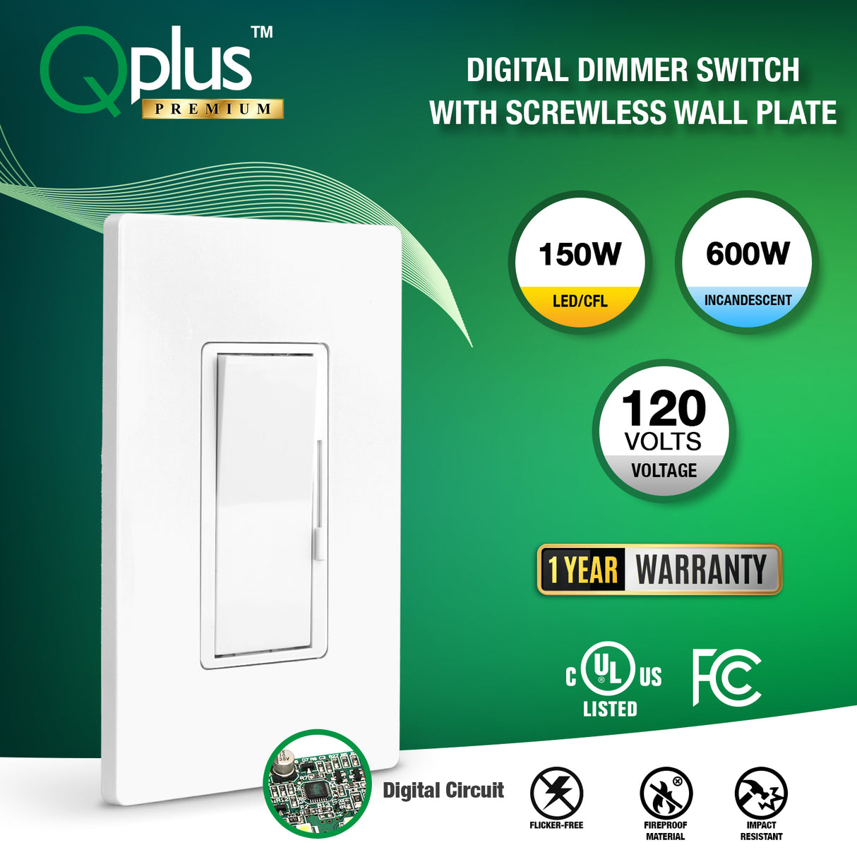 QPlus Premium 3Way 2nd Generation Dimmer Switch - cUL & FCC Certified (Digital Circuit)