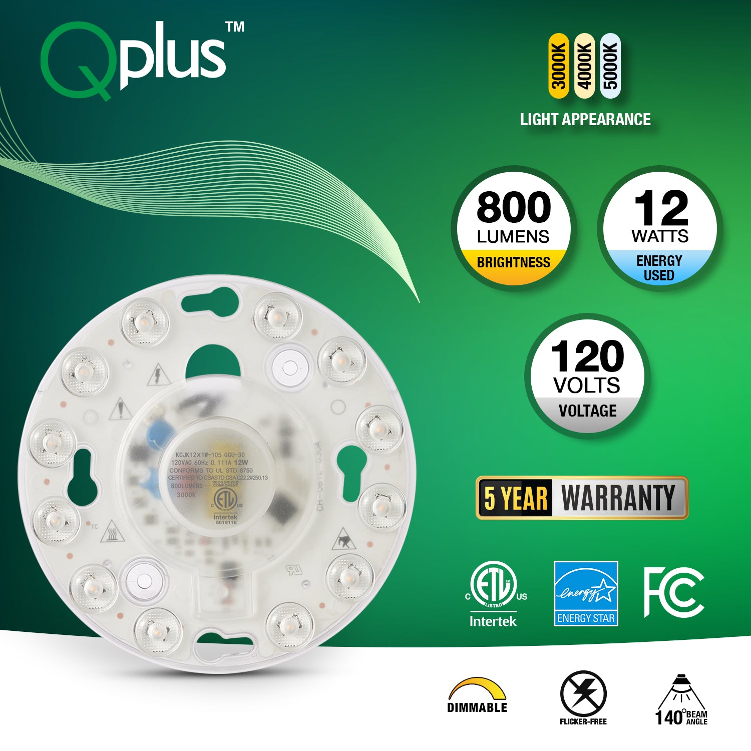 Panneau de module circulaire LED QPlus, lumière de remplacement, 4,1  pouces, 12 W, 800 lm, 1 CCT (3 000 K/4 000 K/5 000 K), intensité variable