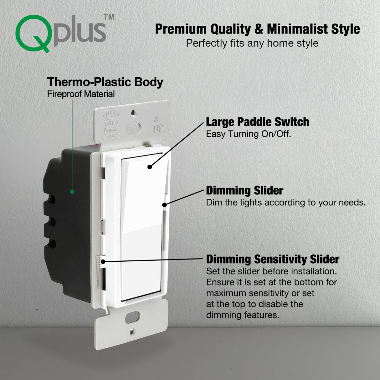 QPlus LED 3 Way Dimmer Switch with Wall Plate - cUL & FCC Certified