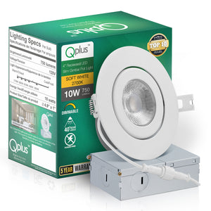 QPlus Lampe LED encastrable à cardan de 10,2 cm avec boîte de jonction en métal, 10 W, 750 lm, CCT simple, intensité variable, certifié Energy Star, répertorié ETL, classé IC, emplacement humide, garantie de 5 ans