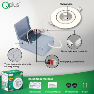 QPlus Lampe LED encastrable à cardan de 10,2 cm avec boîte de jonction en métal, 10 W, 750 lm, CCT simple, intensité variable, certifié Energy Star, répertorié ETL, classé IC, emplacement humide, garantie de 5 ans